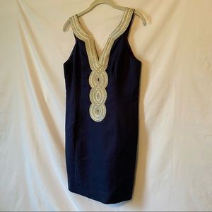 Lilly Pulitzer Valli Dress Navy with Gold and Silver Metallic Trim Size 8